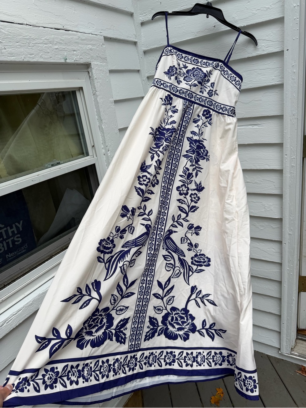 White and Navy Floral and Bird Maxi Dress with Spaghetti Straps